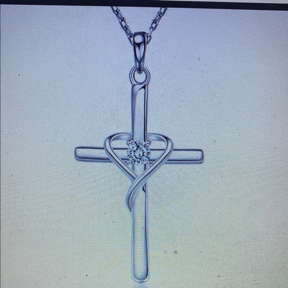 NIB AmorAime Silver Cross Necklace with Heart and Crystal Accent - Picture 3 of 14